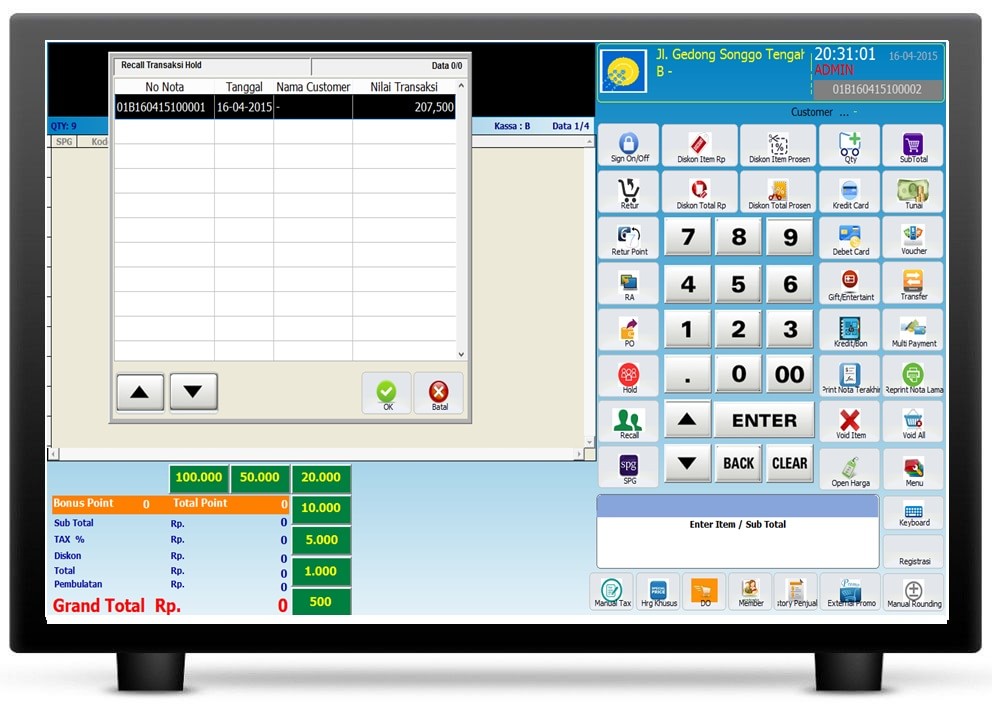 screenshot aplikasi penjualan barang modul hold recall touchscreen